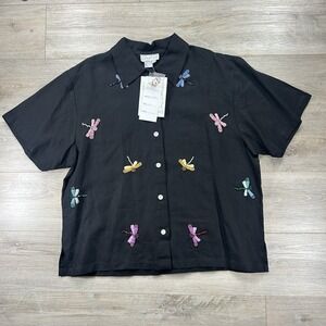 VTG Casey Coleman 1X Black Linen Embroidered‎  Beaded Dragonflies Button Down